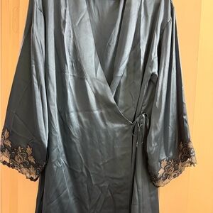 La Perla Satin Robe with Lace Trim in Black